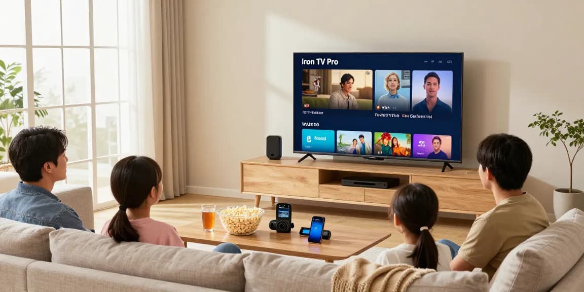 Une famille profite d'une soirée de streaming avec Iron TV Pro dans un salon moderne.