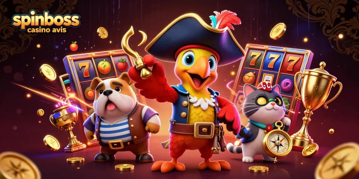 Examinez spinboss casino avis avec des personnages ludiques frappants dans un casino 3D vibrant.