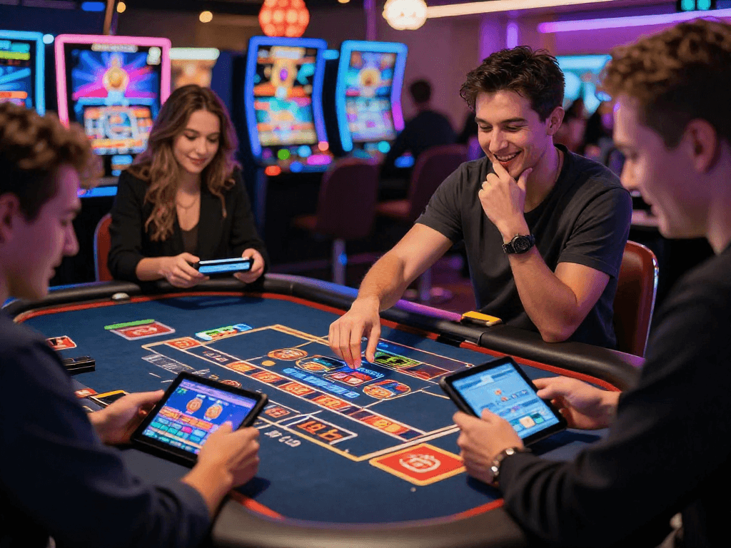 Joueurs heureux s'engageant sur des jeux de casino en ligne avec des graphismes dynamiques et modernes.