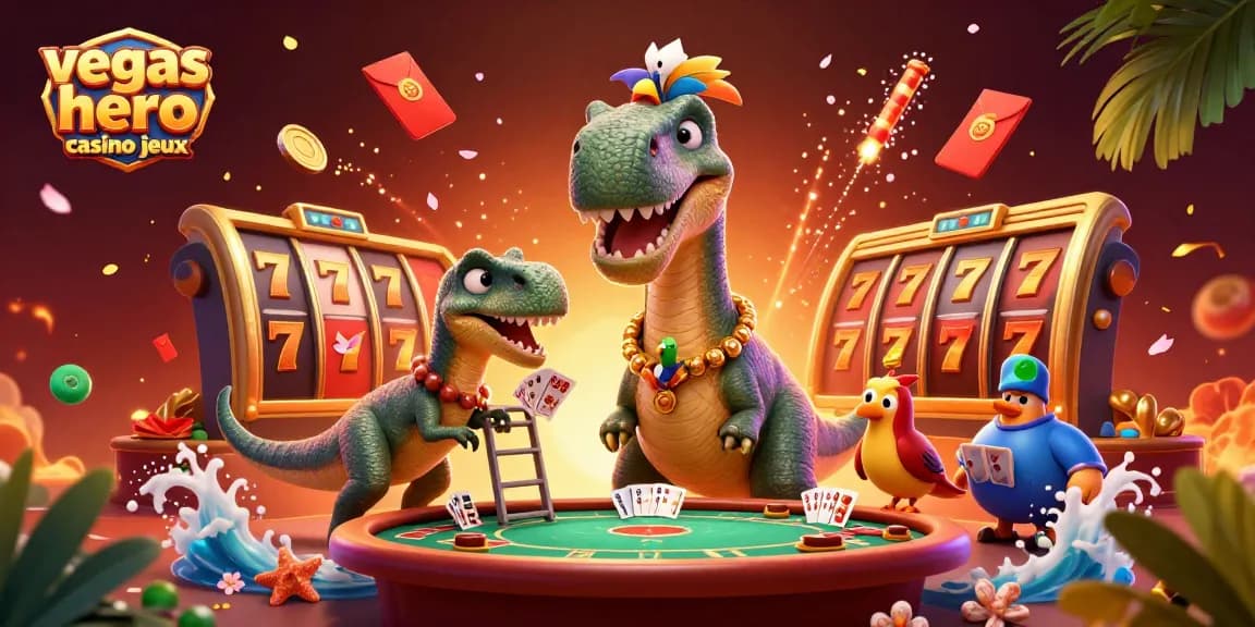 Découvrez les jeux du Vegas Hero Casino, avec une illustration dynamique de machines à sous et de jeux de cartes.