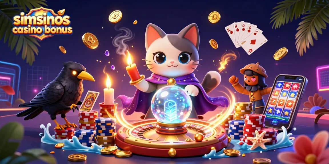 Jouer avec le bonus simsinos casino : un chat mystique et un corbeau tarot dans un décor enchanteur.