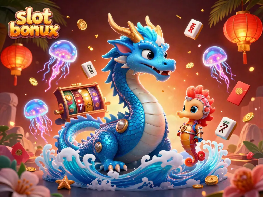 Experience thrilling slot bonus action with a vibrant 3D illustration featuring ocean-themed characters and casino elements.
