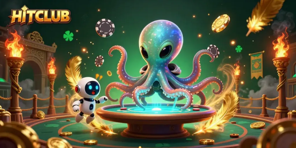 HITCLUB showcases a thrilling 3D scene of an alien octopus and a robot at a holographic poker table amid swirling golden elements.