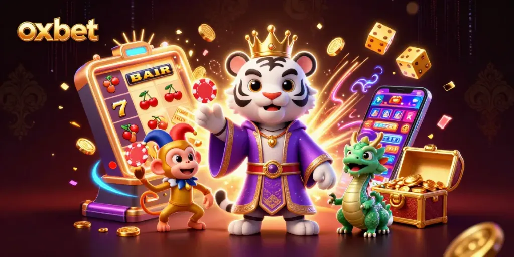 Play and win at OXBET with vibrant 3D casino illustration featuring tiger, monkey, and dragon.