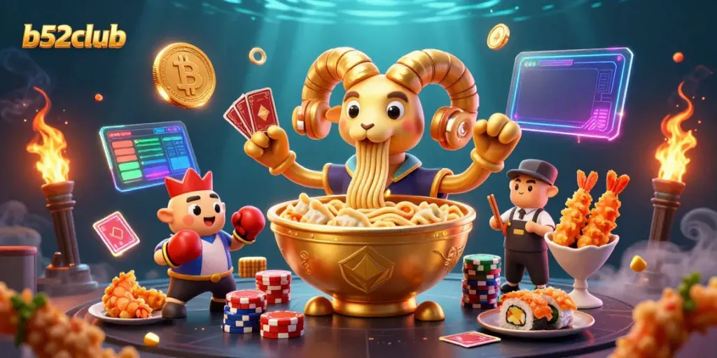 b52club's vibrant casino-themed illustration featuring golden ramen bowl and animated characters in action.