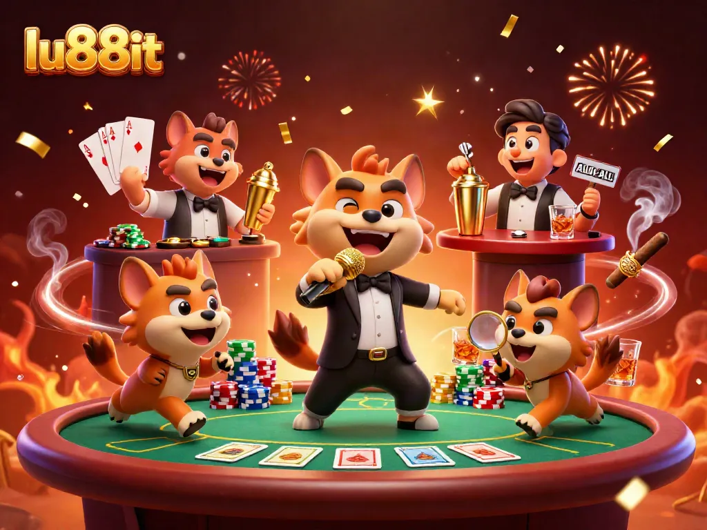 Immerse in the lu88it comedy casino scene with hyenas mixing drinks and telling jokes.