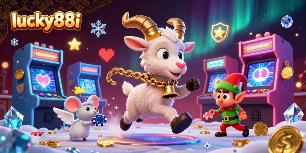 Engage at lucky88i with a festive 3D illustration of a holiday-horror casino featuring playful characters.