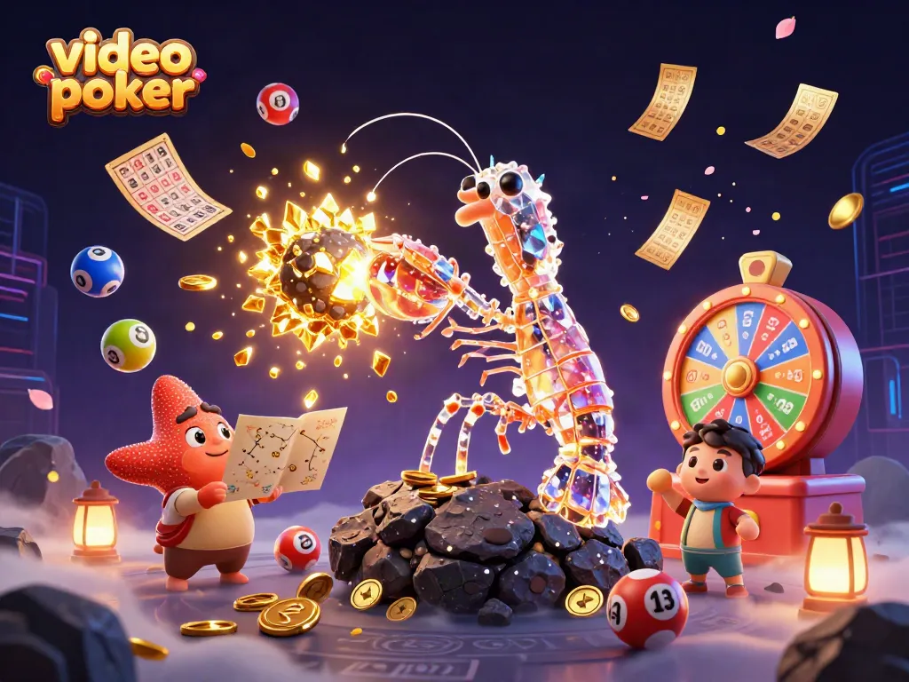 Experience the excitement of video poker with a vibrant 3D scene featuring gems, lottery elements, and action.