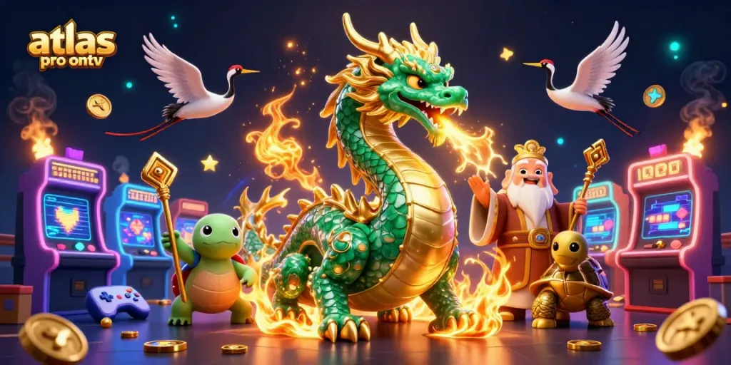 Expérimentez l'aventure de atlas pro ontv avec un dragon, une tortue sage et des grues dans une scène de casino animée.