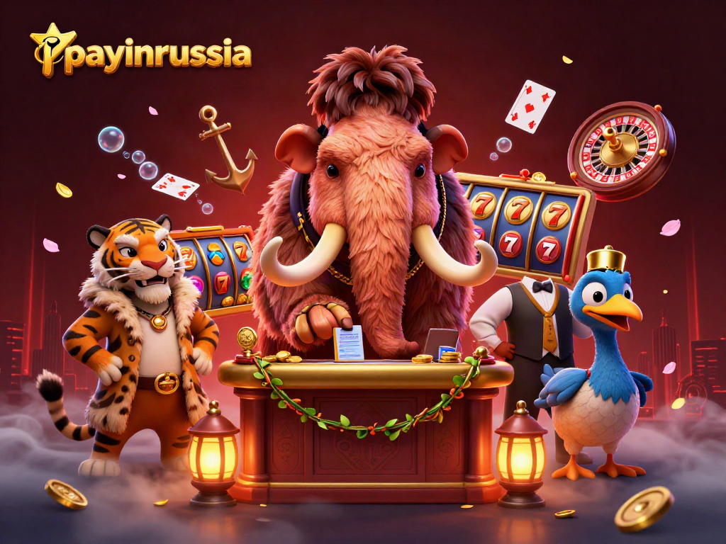 Payinrussia propose des paiements en Russie dans un environnement de casino animé avec des personnages 3D.