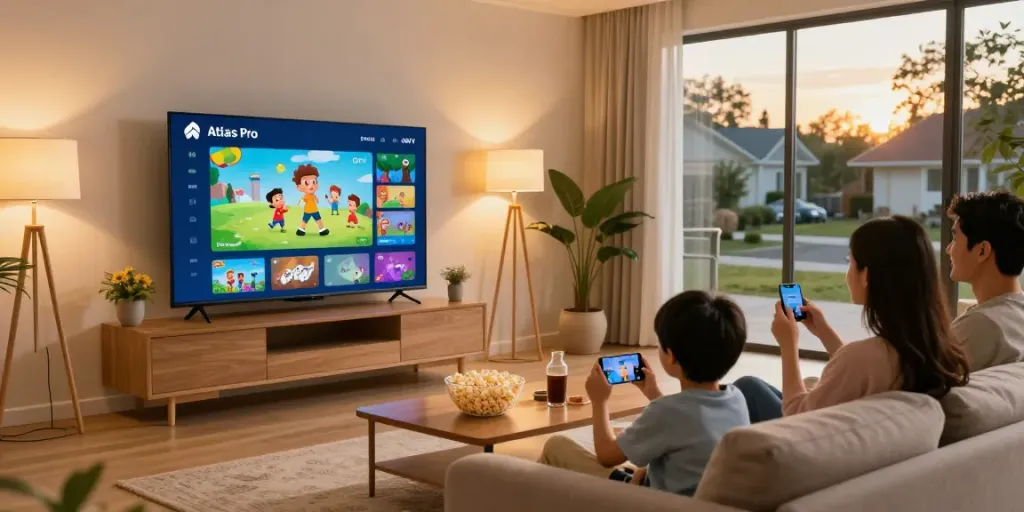 Profitez d'une expérience de divertissement familial avec Atlas Pro dans un salon moderne.