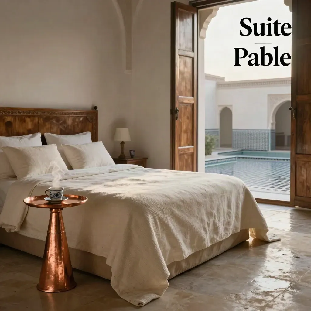 Suite riad avec lit ivoire, plateau café cuivré et patio humide flouté.