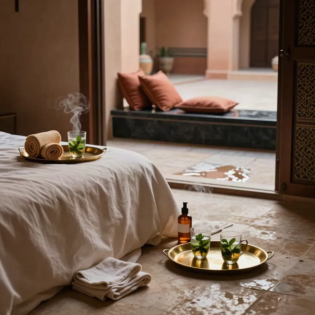 Suite de riad ouverte sur patio, thés, serviettes, huile de massage et coussins terracotta.