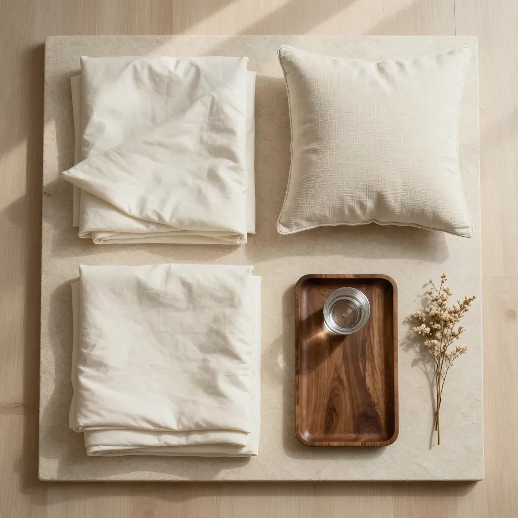 Vue zénithale d’un lit défait ivoire avec plateau en bois, verre d’eau et bouquet sec.