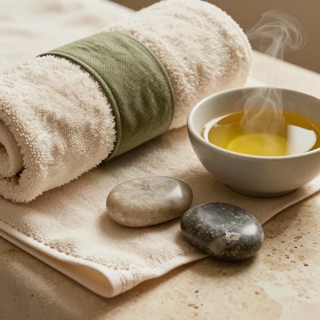 Gros plan de serviettes de massage, huile ambrée, pierres lisses et bol mat sur travertin.