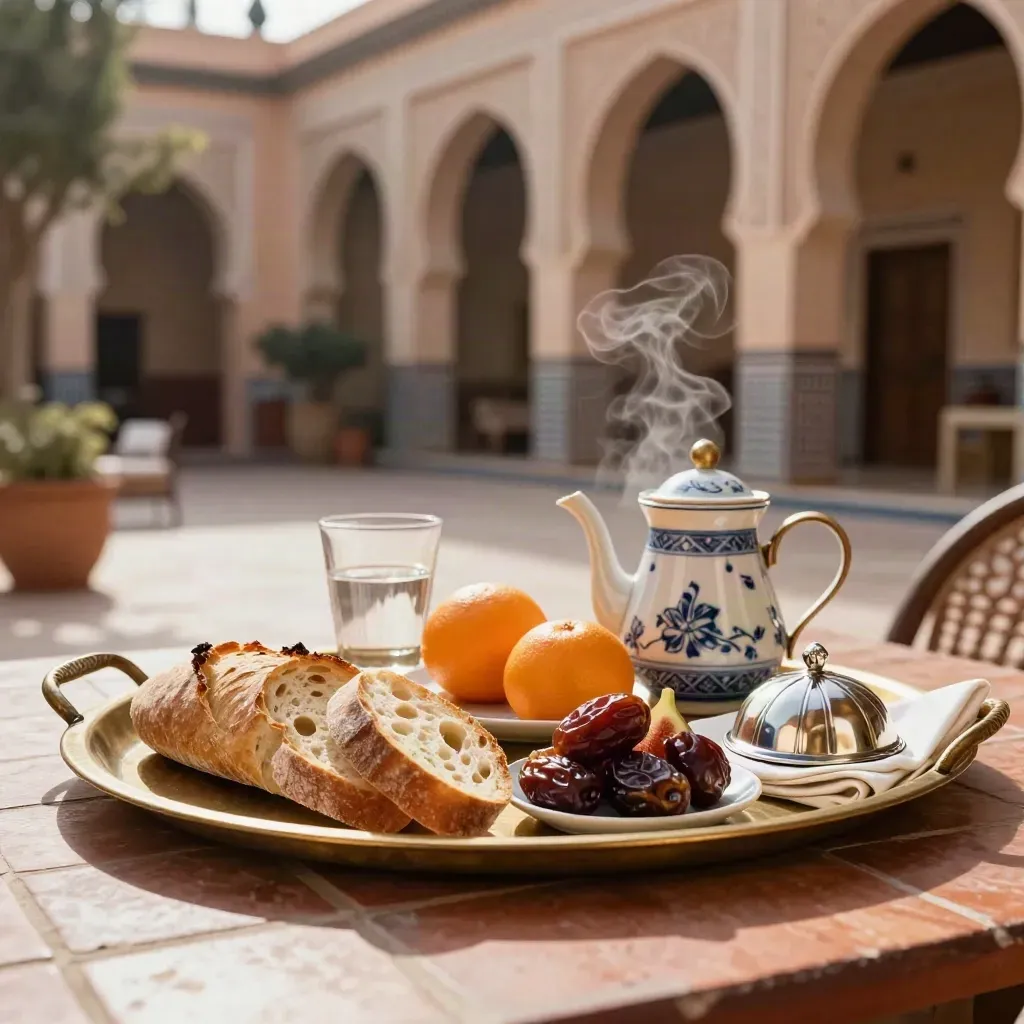 Petit-déjeuner sur plateau dans un riad, pains, fruits, café et thé sous une arcade.