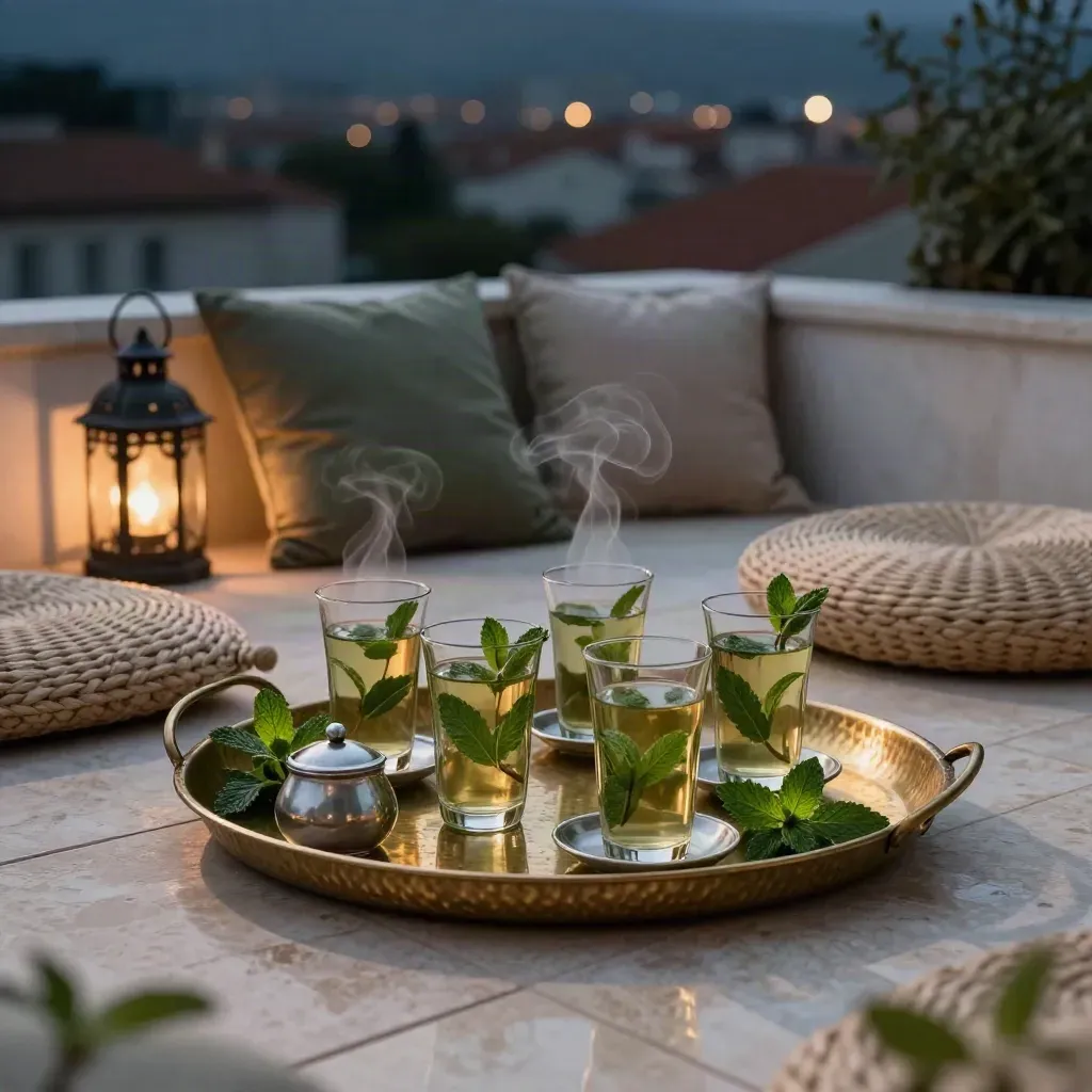 Terrasse du soir avec thé à la menthe, plateau martelé et lanterne, lumière bleue du crépuscule.