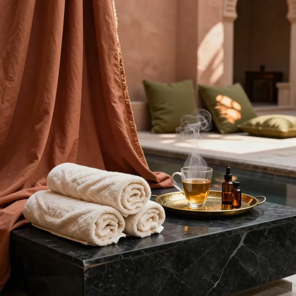 Ambiance spa luxueuse sur un riad, serviettes terracotta, thé fumant et huiles.