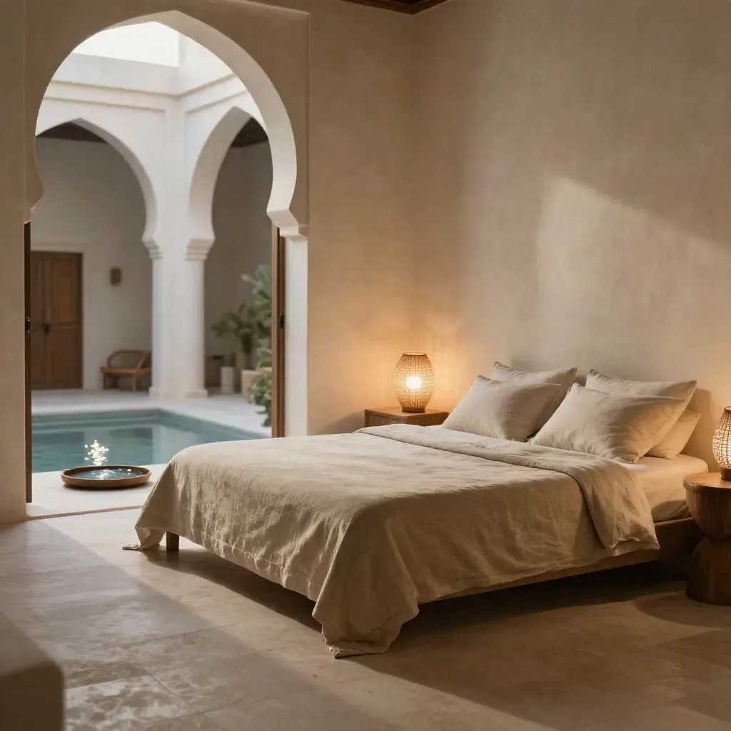 Chambre sable de riad, lit bas en lin, table bois brûlé, lampe tissée et plateau d’eau près de l’entrée.
