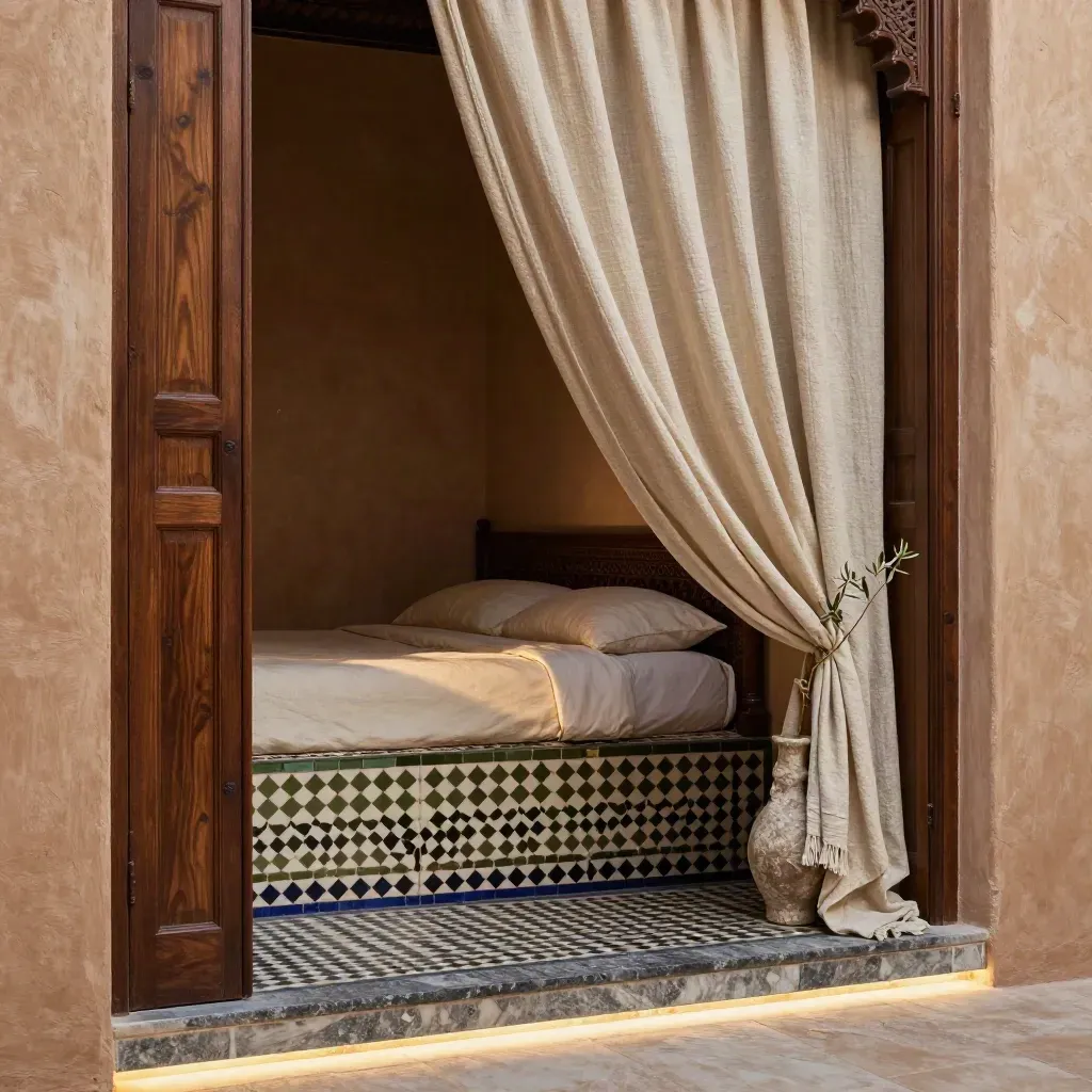 Vue dramatique d’une suite patio avec banquette zellige, lin, feuillage discret et lit en fond.