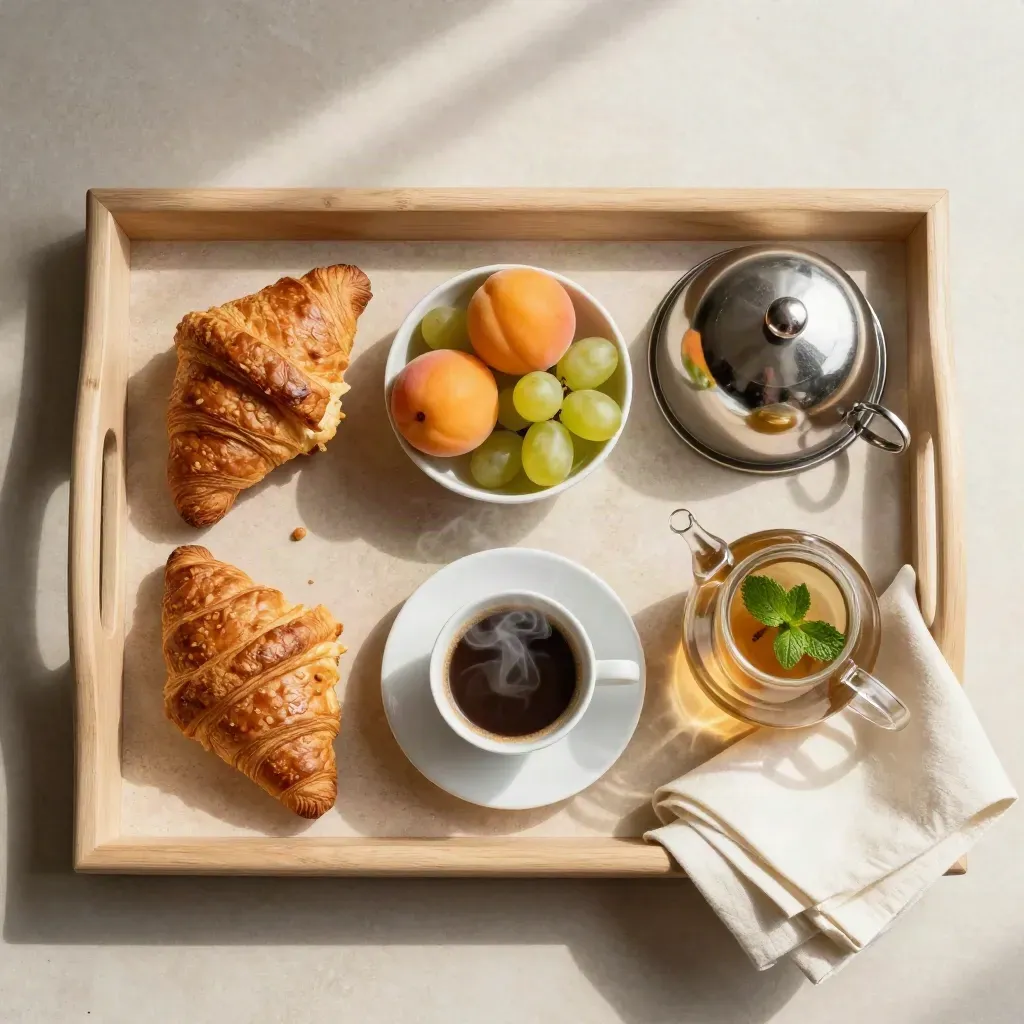 Petit-déjeuner servi sur plateau en bois avec café, thé, pain, fruits et cloche discrète.