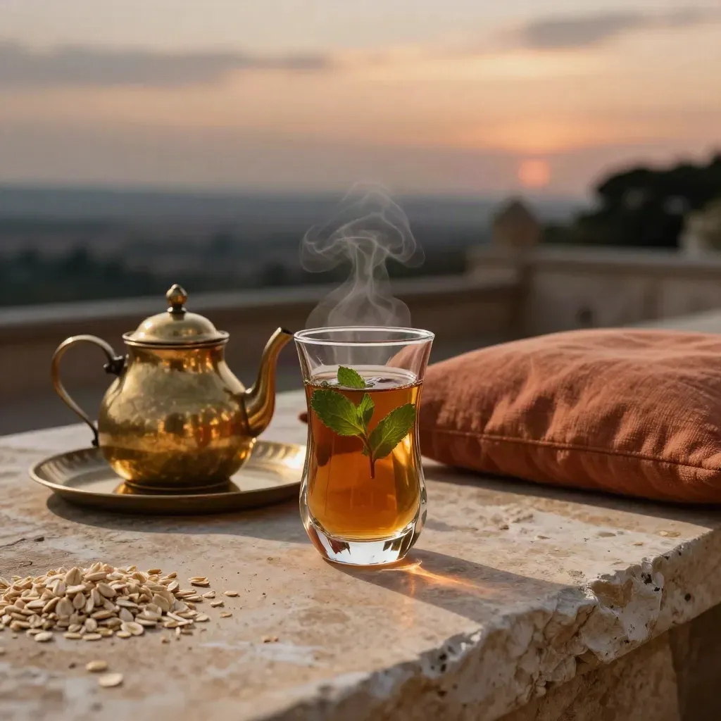 Thé à la terrasse au coucher du soleil, verre facetté et plateau martelé.
