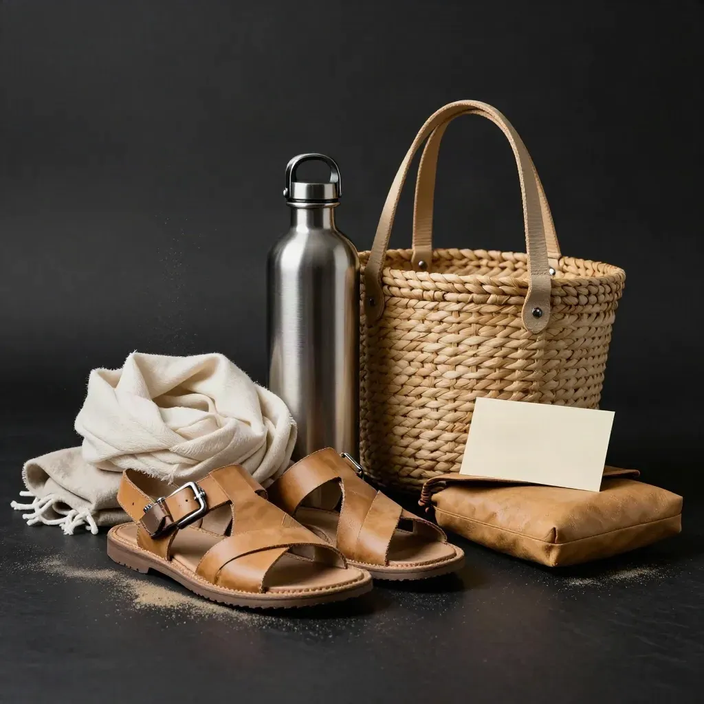 Kit de départ pour sortie médina: sandales, foulard, gourde, panier et sac sur fond noir.