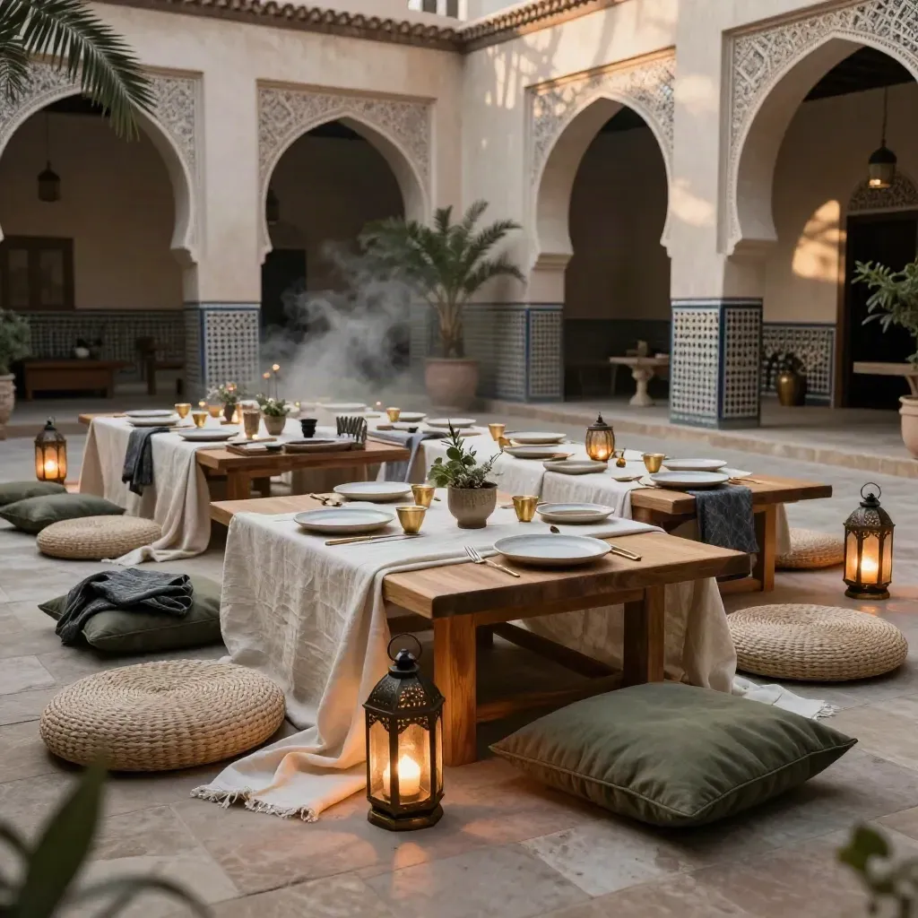 Grande table privatisée dans un riad, lanternes, coussins et vaisselle pour un dîner exclusif.