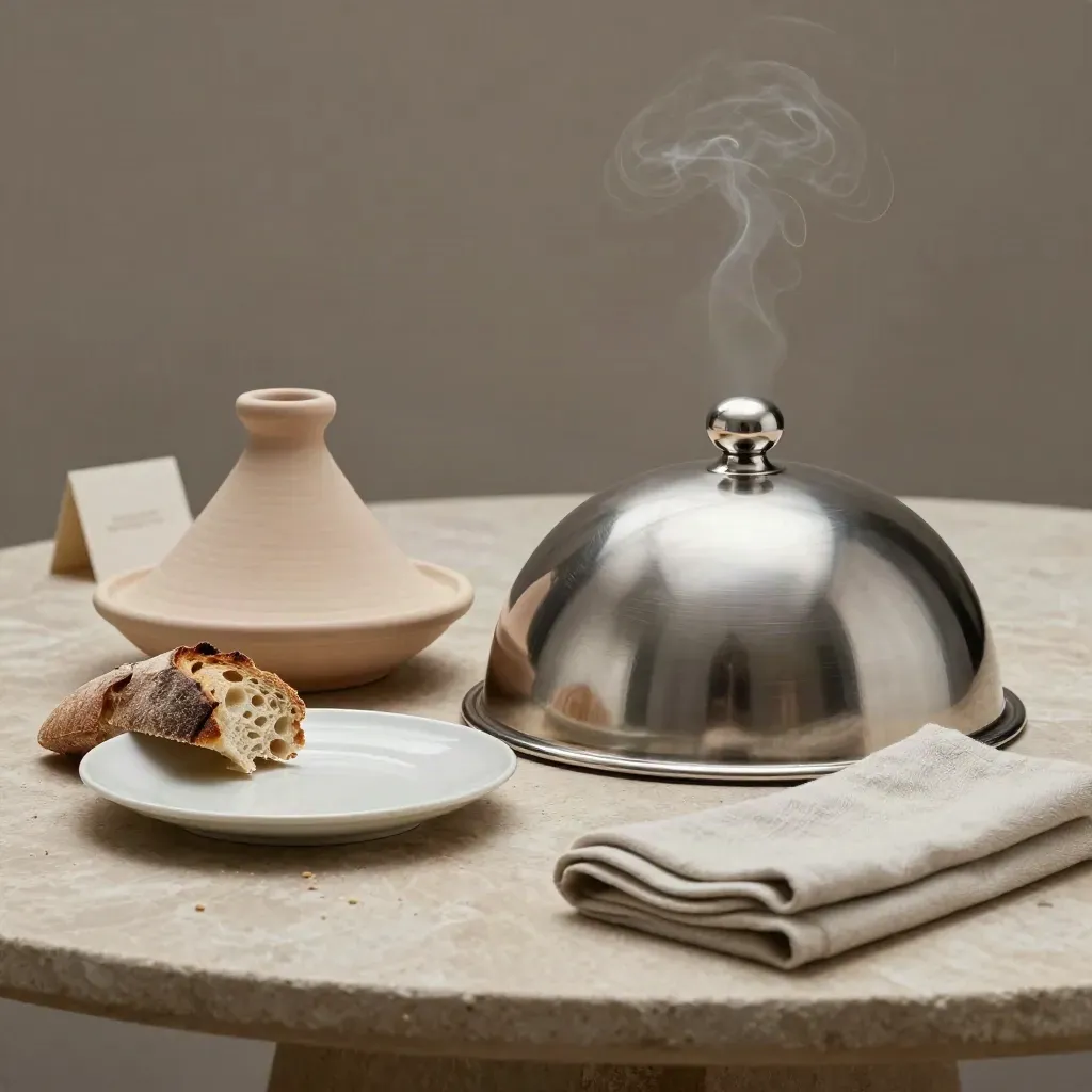 Dîner léger au riad avec cloche argentée entrouverte, tajine, pain et serviette sur pierre.