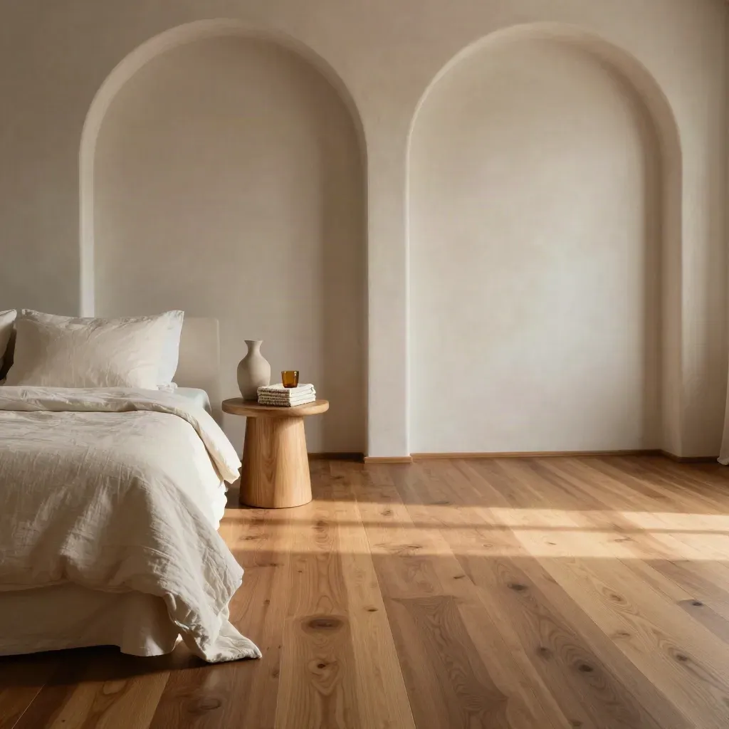 Intérieur de riad calme avec arches sable, lit flou et table en bois clair.