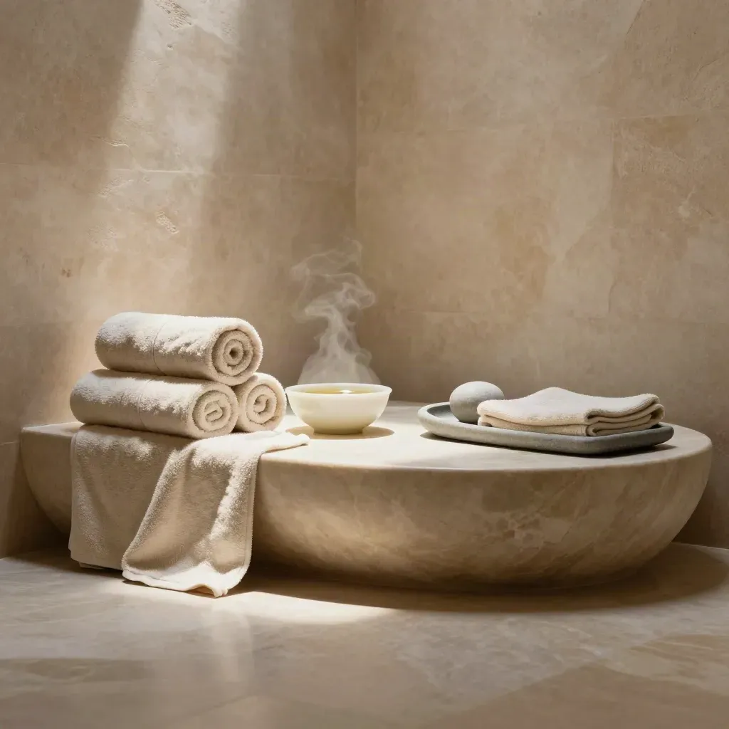 Espace spa en marbre pâle avec serviettes roulées, bassin calme et lumière douce.