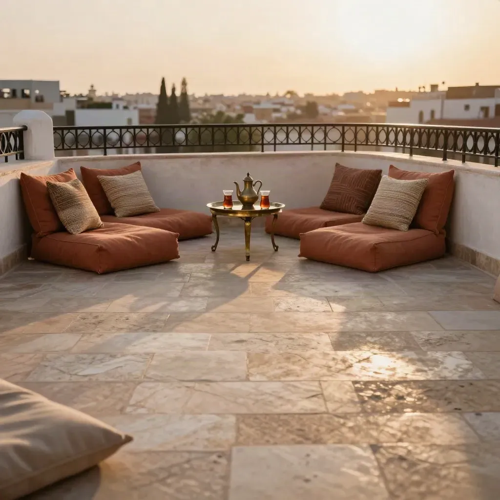 Terrasse de riad au coucher du soleil avec thé à la menthe et vue urbaine floue.