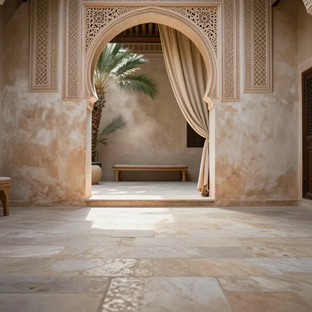 Suite patio de riad en coupe, arcade lumineuse et sol en pierre, espace calme pour la copie.