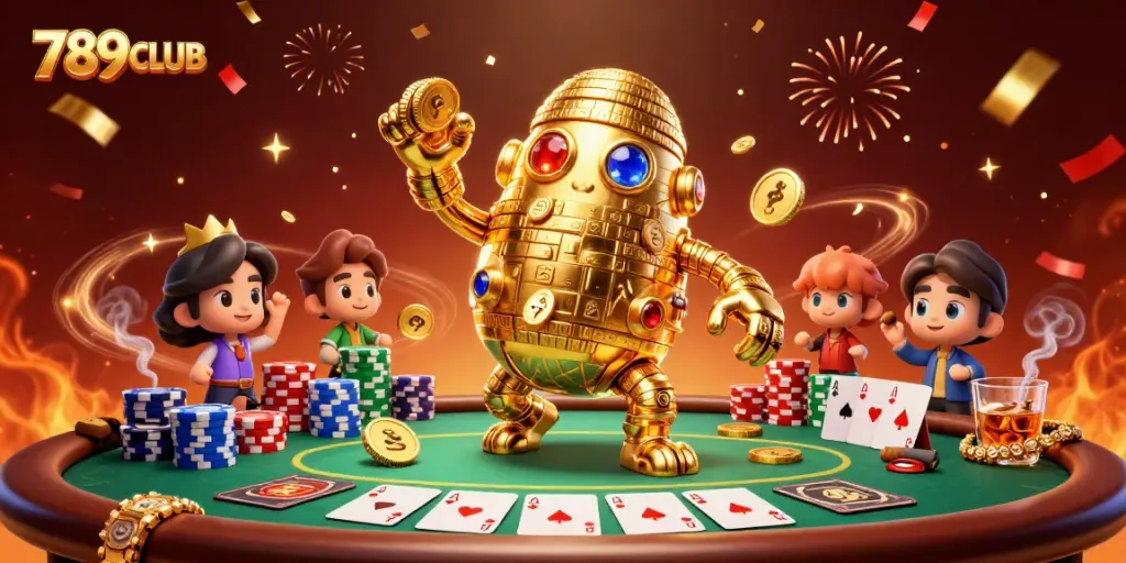 Engage in thrilling gaming action at 789CLUB with gold golem surrounded by poker elements.