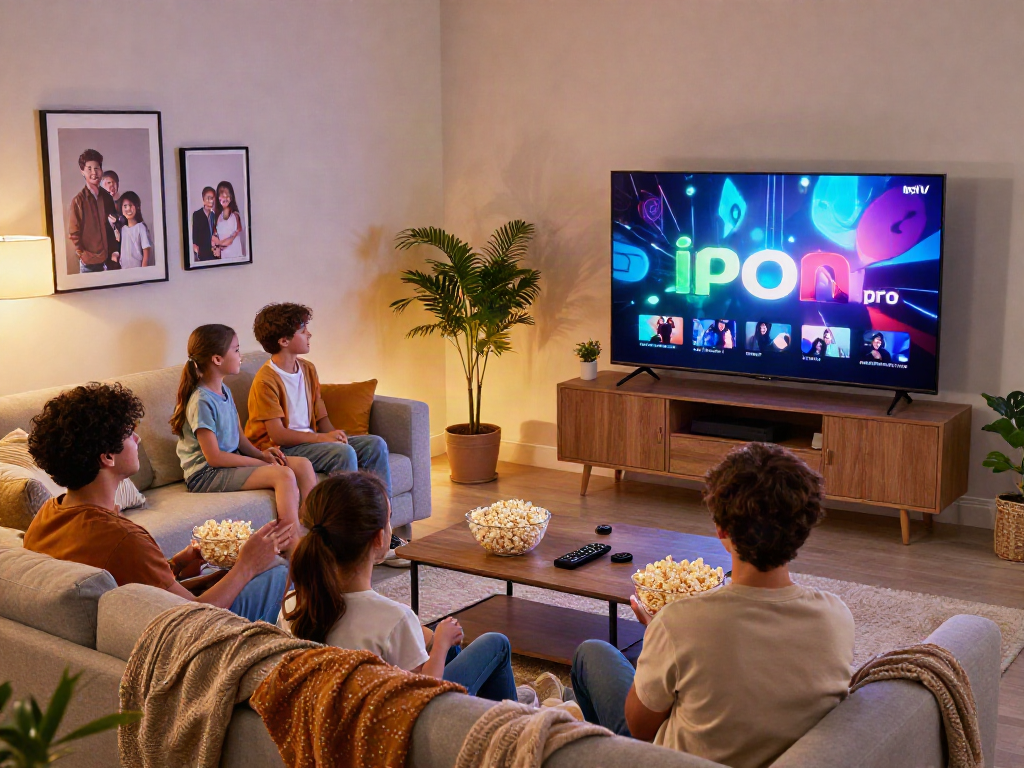 Vue d'un salon moderne avec Iron tv pro, famille profitant d'une soirée cinéma.