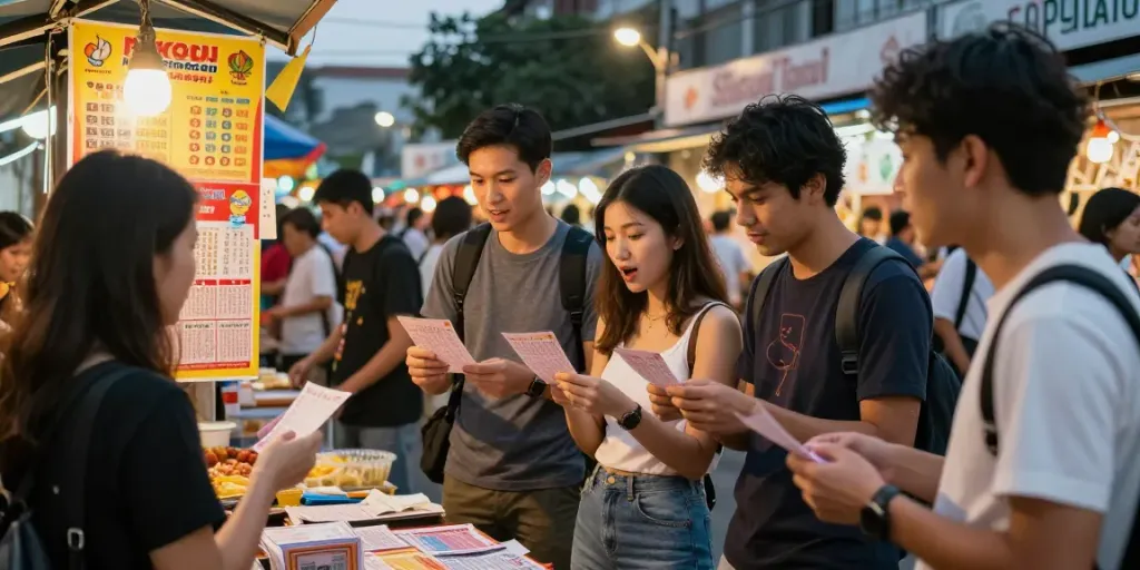 Suasana pasar malam dengan teman-teman membeli paito toto macau, mengekspresikan kegembiraan.