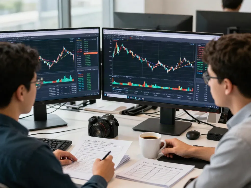 Visuel représentant des analyses de trading sur la-essorinvexaro.com dans un bureau moderne, soulignant l'automatisation et la stratégie.