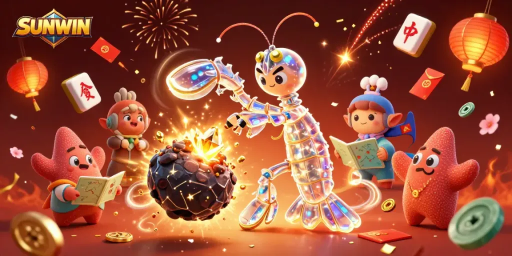 SUNWIN players experience thrilling 3D action with galactic samurai mantis shrimp in a rich casino-themed illustration.