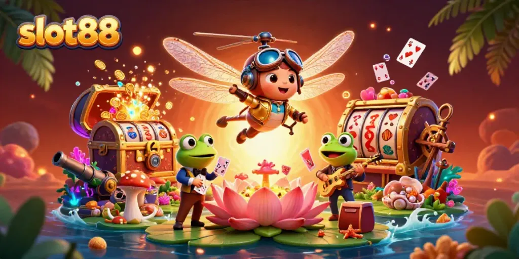 Experience winning moments with slot88 at a vibrant lily pad casino, featuring a dragonfly pilot.